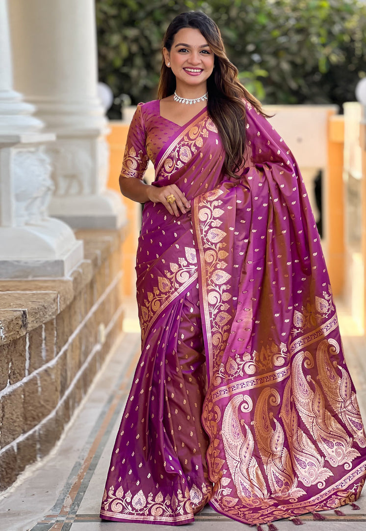 Pink Banarasi Silk Saree With Blouse