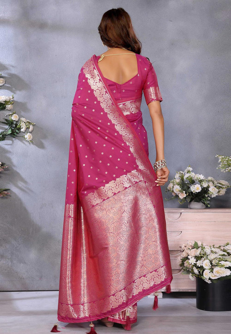Pink Banarasi Silk Saree With Blouse