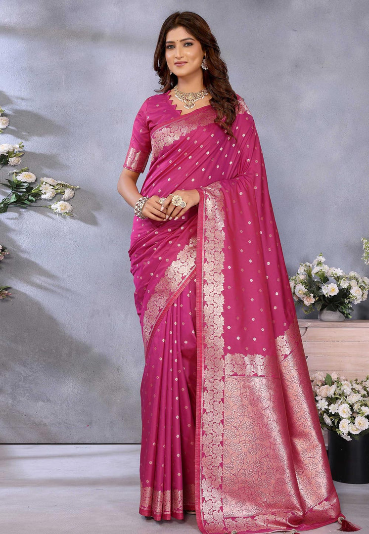 Pink Banarasi Silk Saree With Blouse