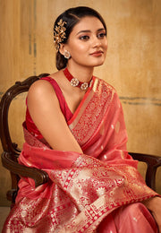 Pink Banarasi Silk Saree With Blouse