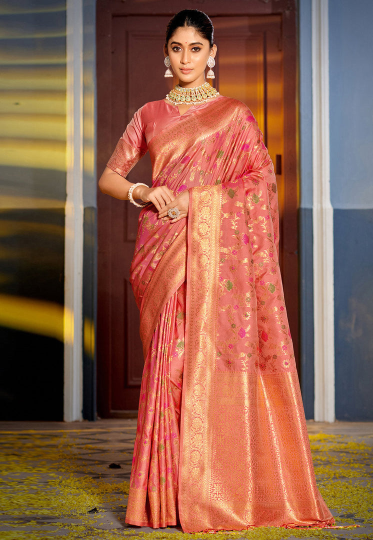 Pink Banarasi Silk Saree With Blouse