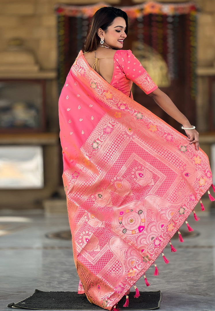 Pink Banarasi Silk Saree With Blouse