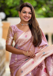 Pink Banarasi Silk Saree With Blouse