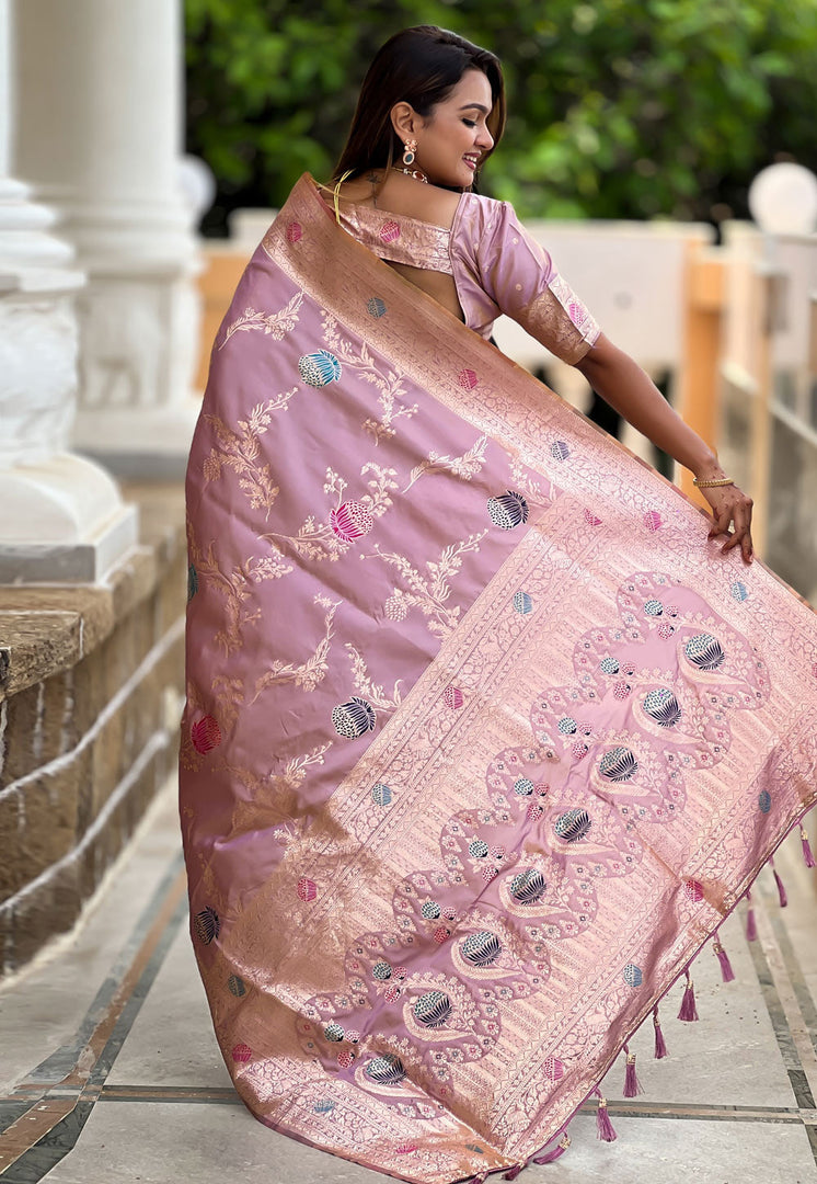 Pink Banarasi Silk Saree With Blouse