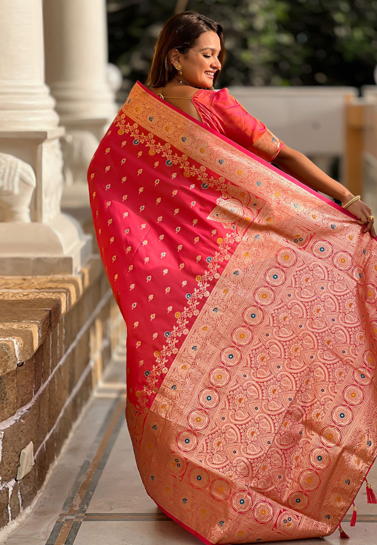Pink Banarasi Silk Saree With Blouse