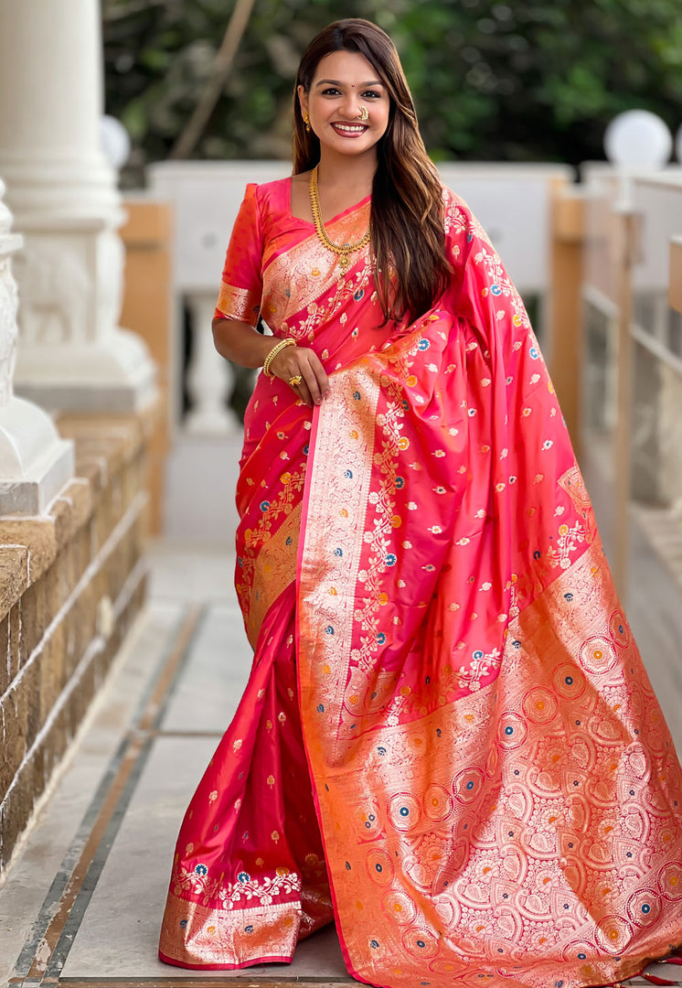 Pink Banarasi Silk Saree With Blouse