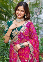 Load image into Gallery viewer, Pink Banglori Silk Bandhani Print Saree
