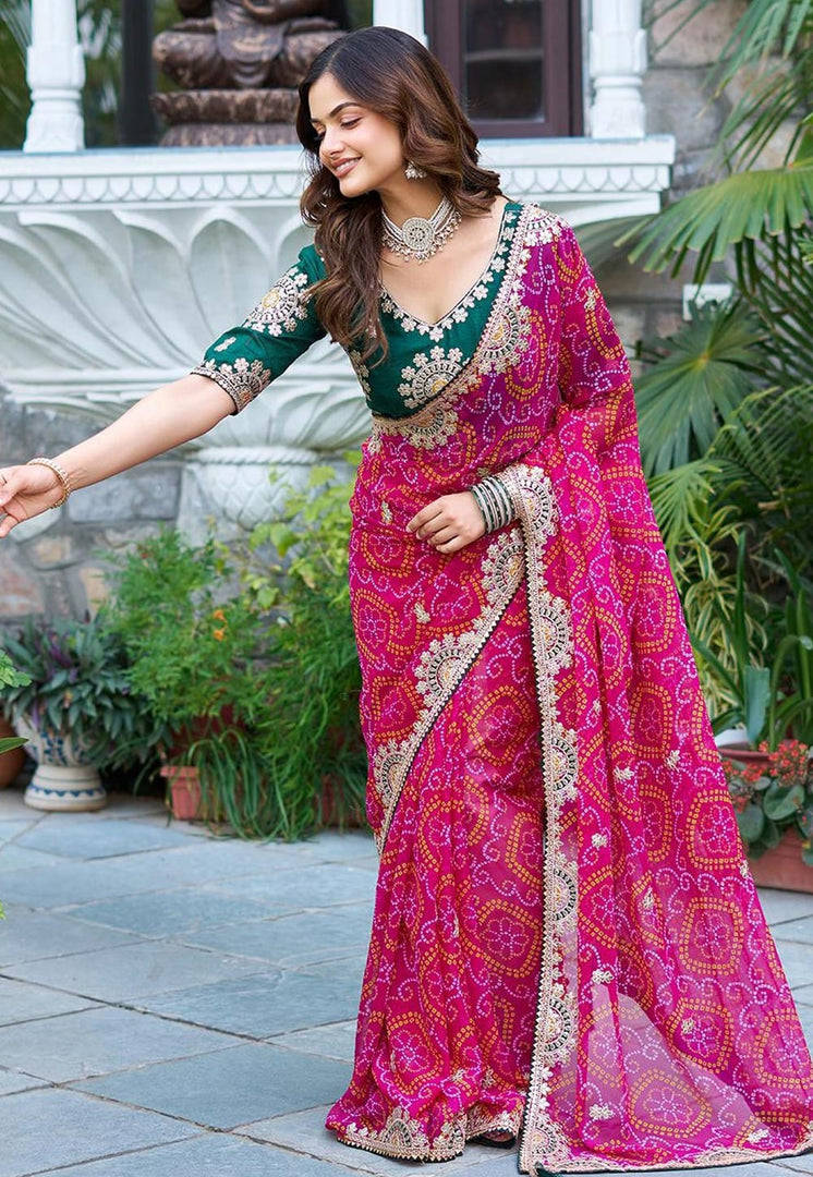 Pink Banglori Silk Bandhani Print Saree