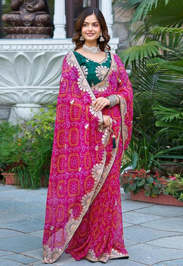 Pink Banglori Silk Bandhani Print Saree