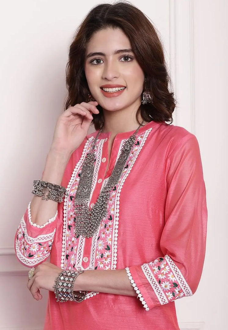 Pink Chanderi Long Kurti