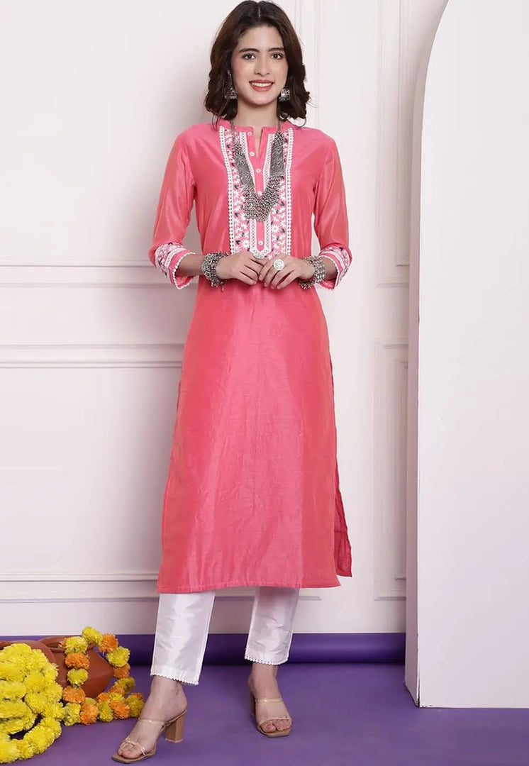 Pink Chanderi Long Kurti