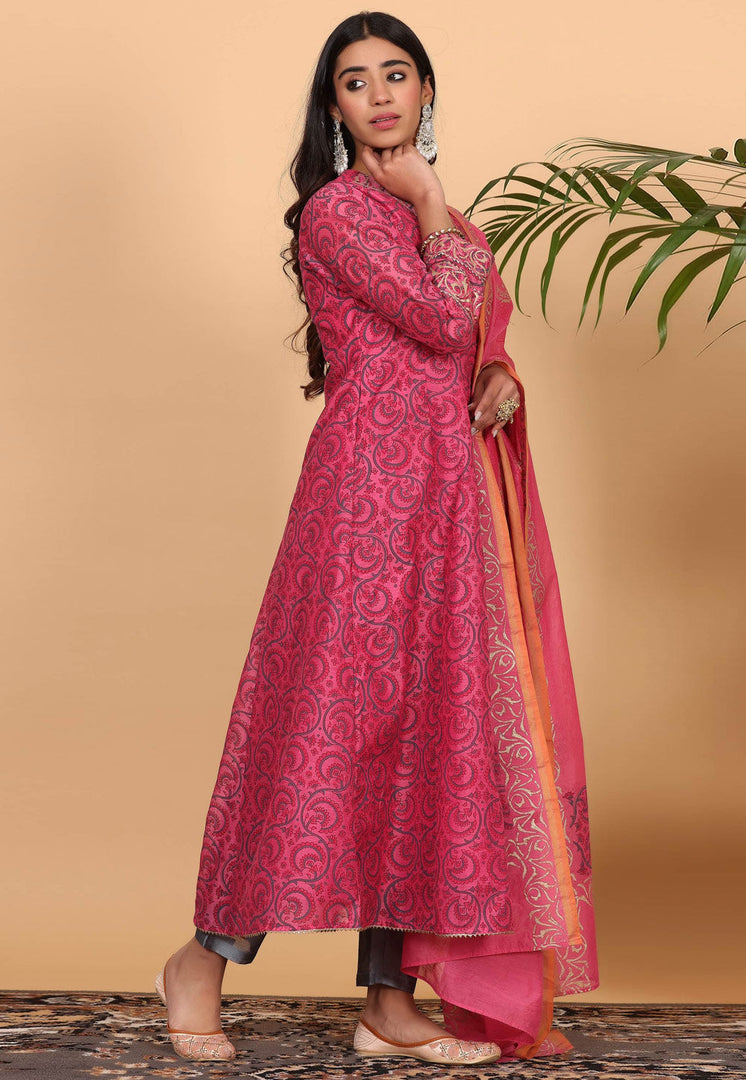 Pink Chanderi Readymade Anarkali Suit