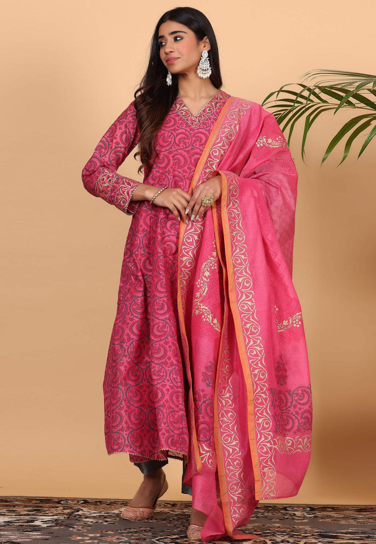 Pink Chanderi Readymade Anarkali Suit