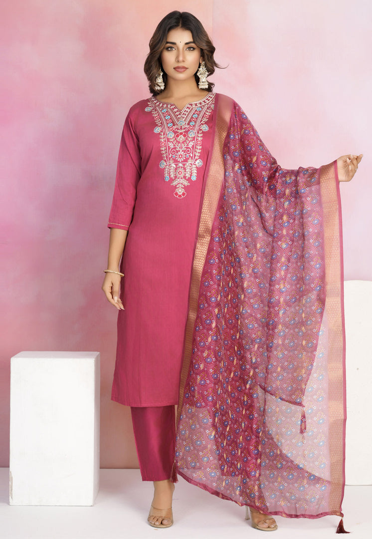 Pink Chanderi Readymade Pant Style Suit