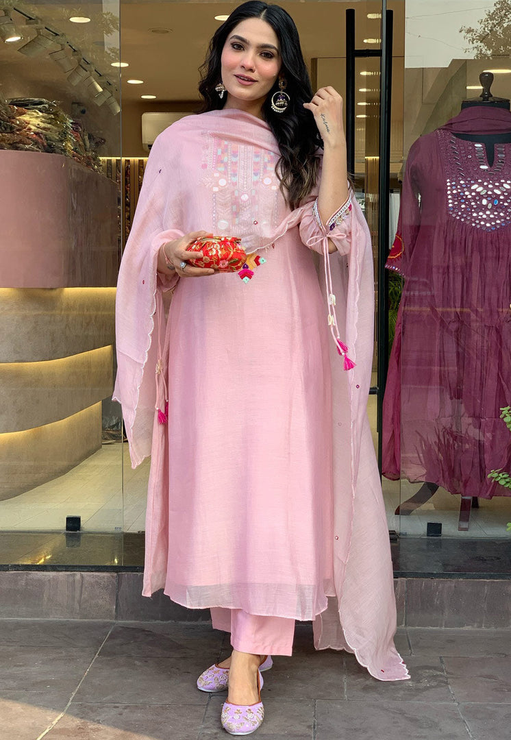 Pink Chanderi Silk Readymade Pakistani Suit