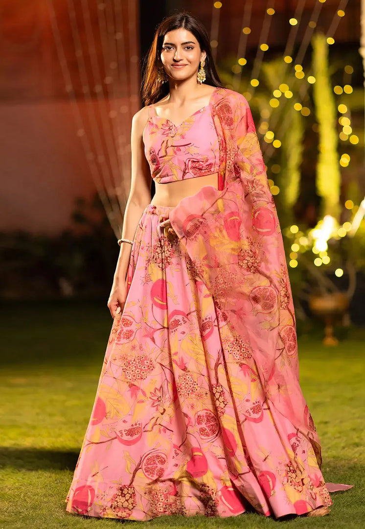 Pink Chinon Floral print Lehenga choli