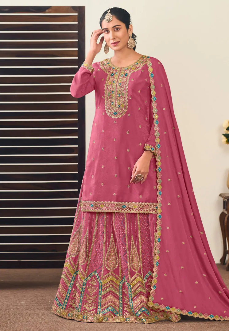 Pink Chinon Indo Western Lehenga Choli