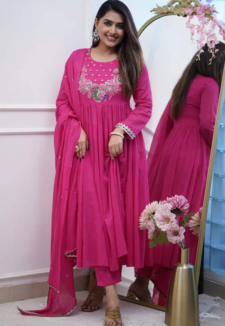 Pink Chinon Readymade Anarkali Suit