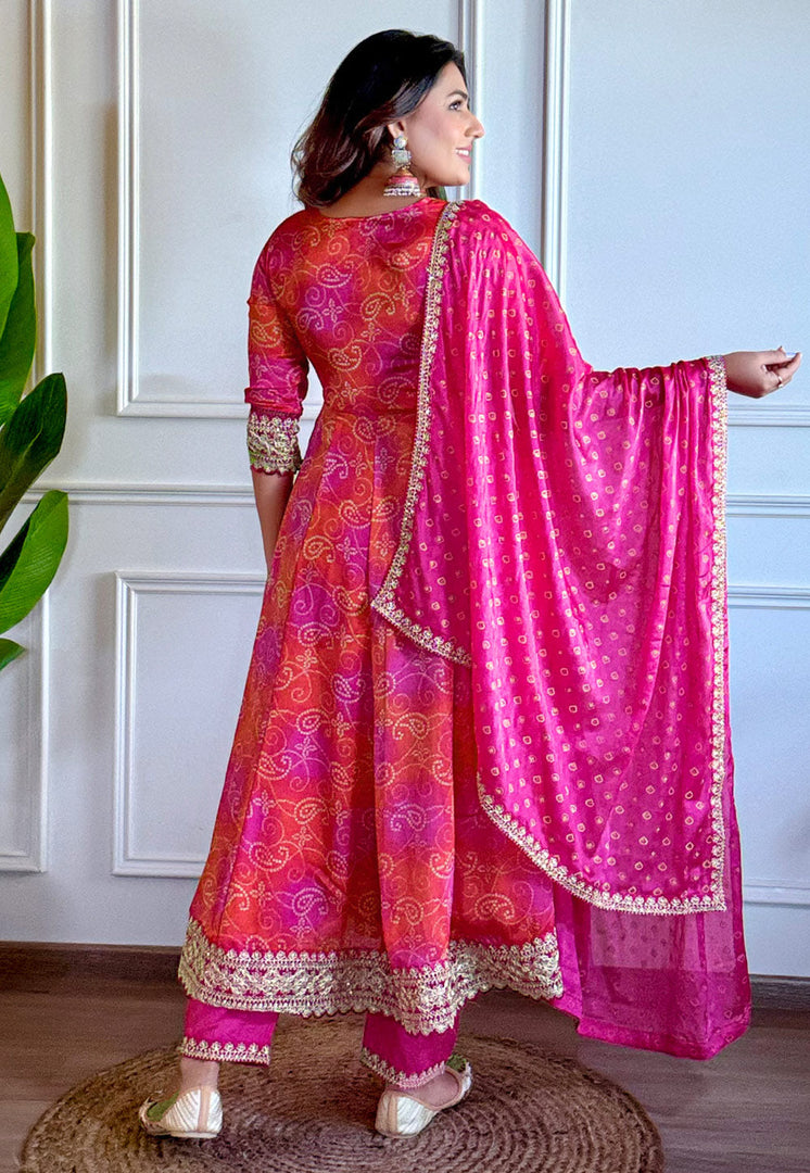 Pink Chinon Readymade Anarkali Suit