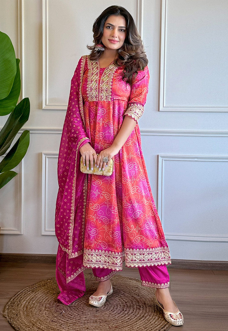Pink Chinon Readymade Anarkali Suit