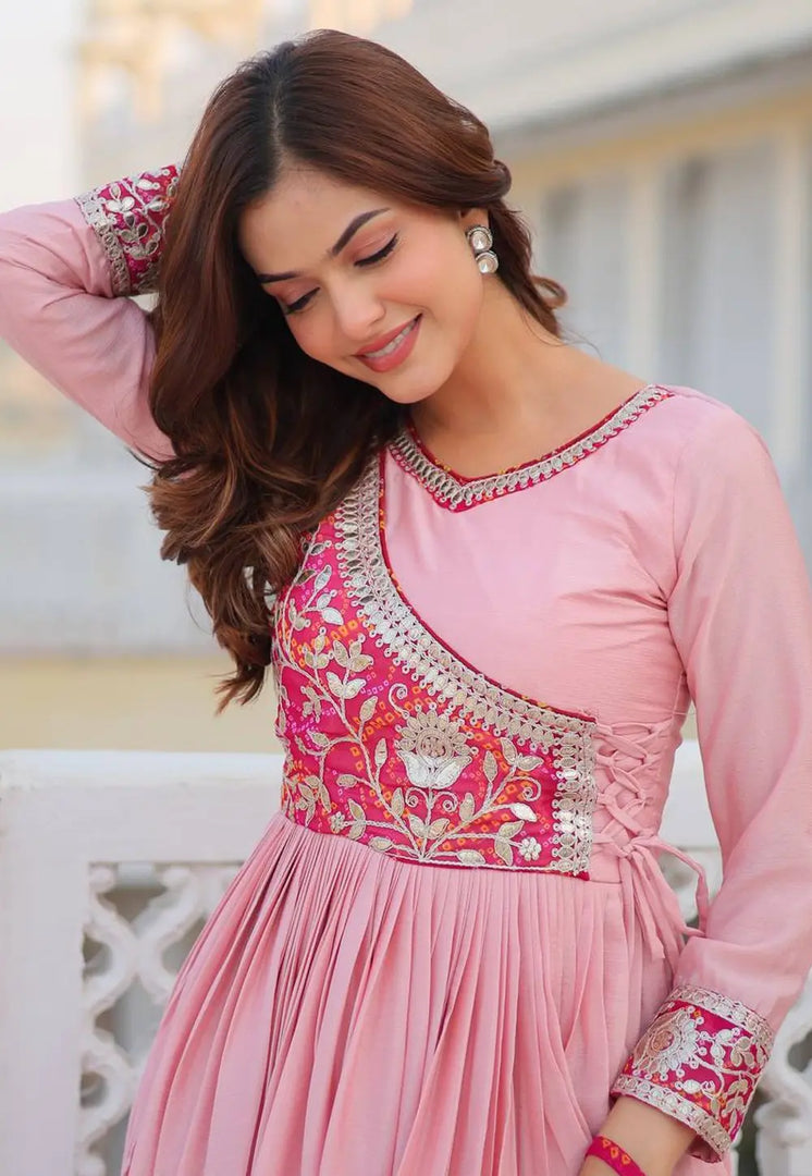 Pink Chinon Readymade Long Anarkali Suit