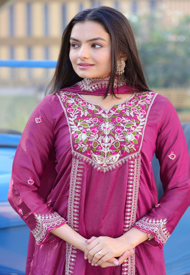 Pink Chinon Readymade Long Anarkali Suit