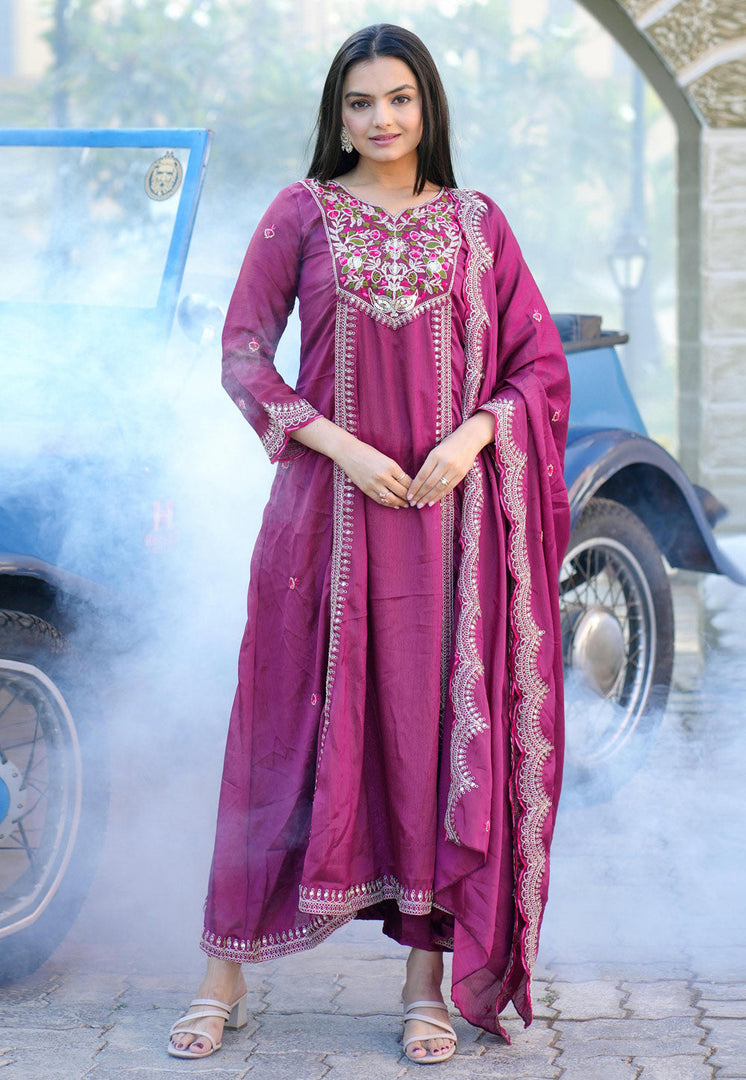 Pink Chinon Readymade Long Anarkali Suit