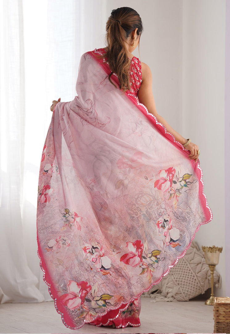 Pink Chinon Saree With Blouse