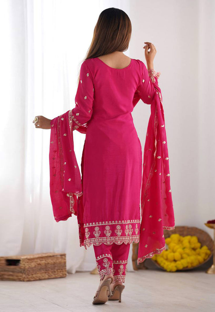 Pink Chinon Silk Readymade Pant Style Suit