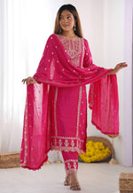 Load image into Gallery viewer, Pink Chinon Silk Readymade Pant Style Suit
