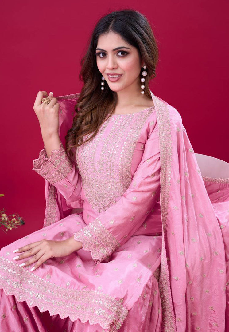 Pink Chinon Silk Readymade Sharara Suit