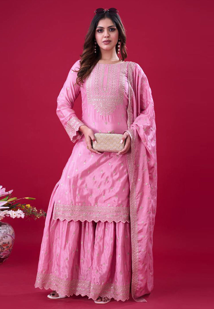 Pink Chinon Silk Readymade Sharara Suit