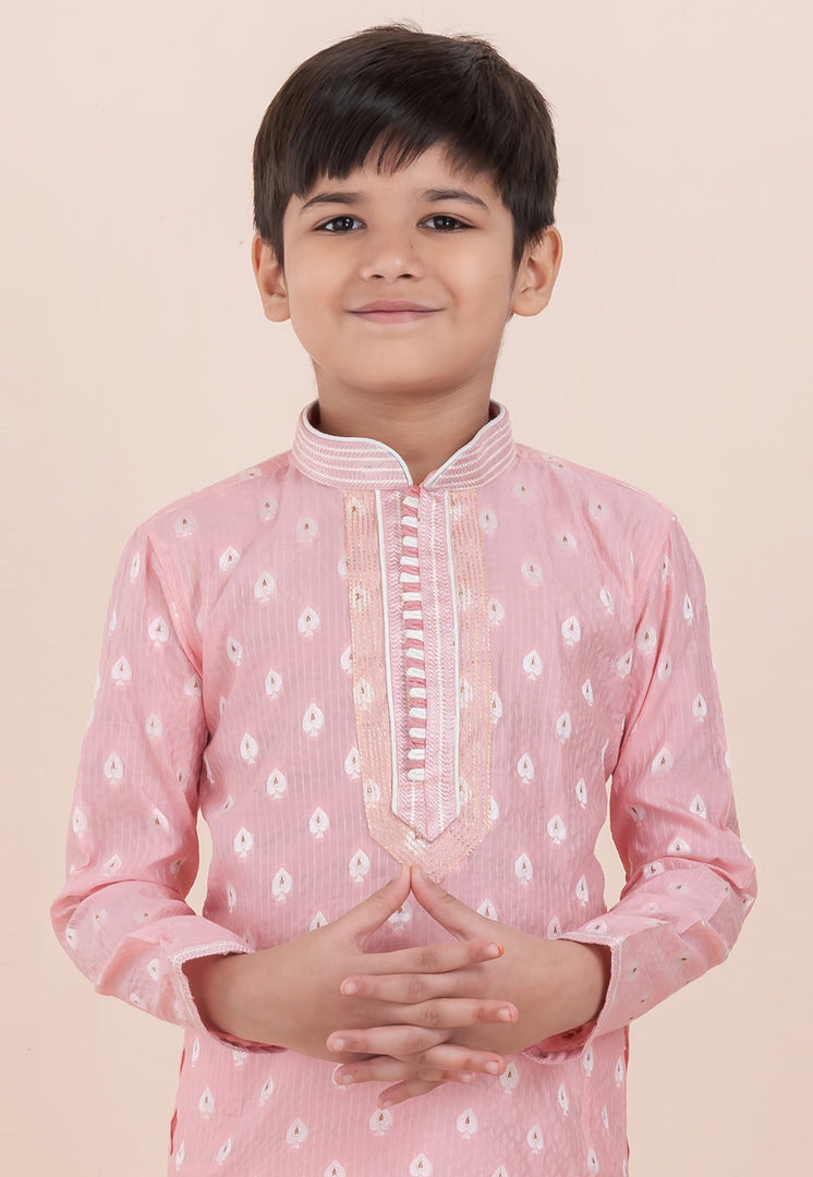 Pink Cotton Jacquard Kids Kurta Pajama