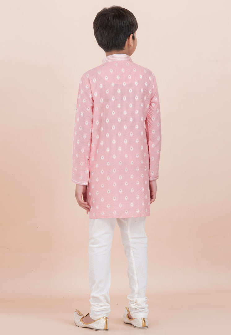 Pink Cotton Jacquard Kids Kurta Pajama