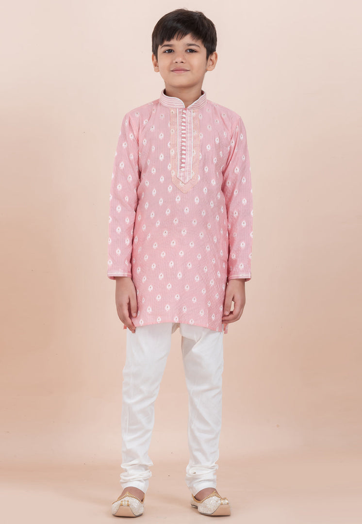 Pink Cotton Jacquard Kids Kurta Pajama