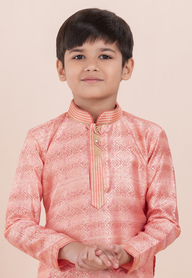 Pink Cotton Jacquard Kids Kurta Pajama