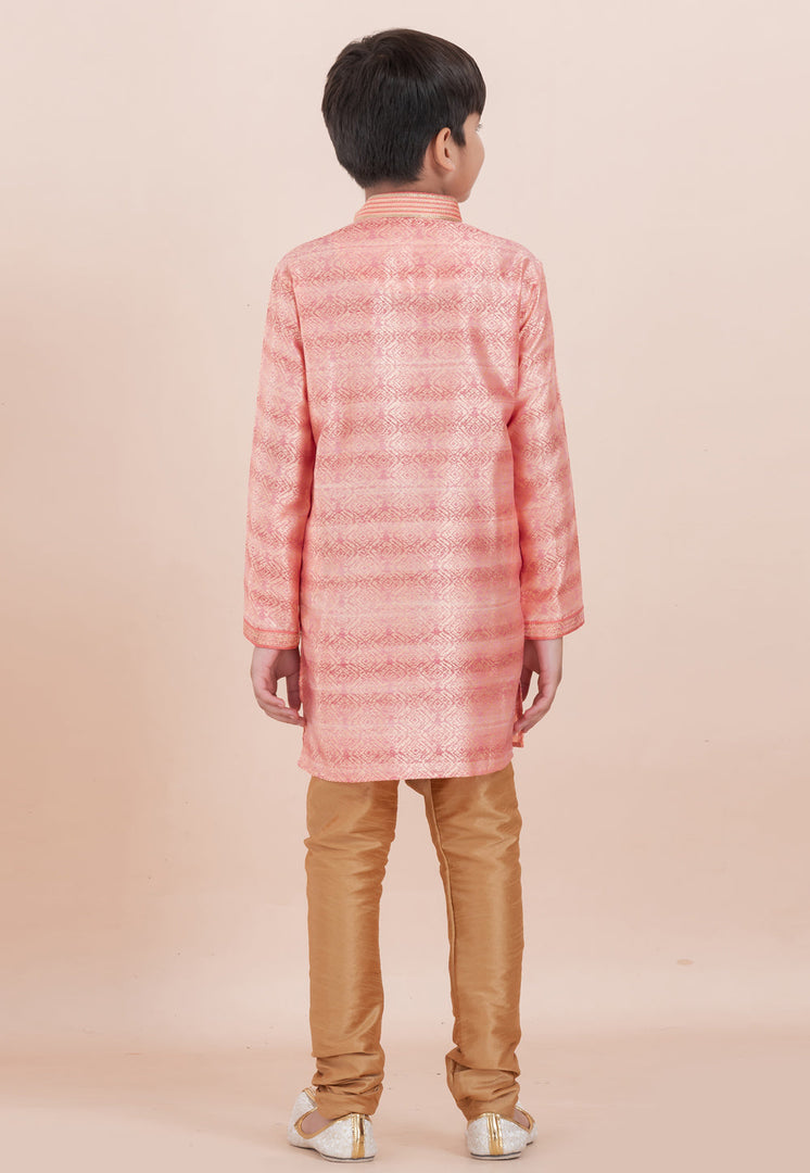 Pink Cotton Jacquard Kids Kurta Pajama