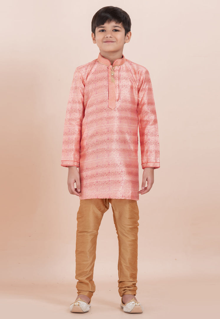 Pink Cotton Jacquard Kids Kurta Pajama