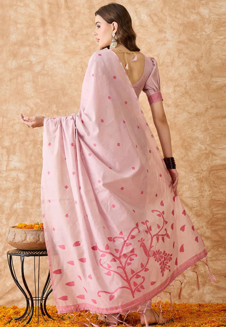 Pink Cotton Jacquard Saree With Blouse