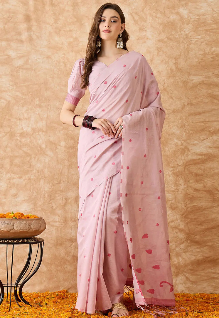 Pink Cotton Jacquard Saree With Blouse