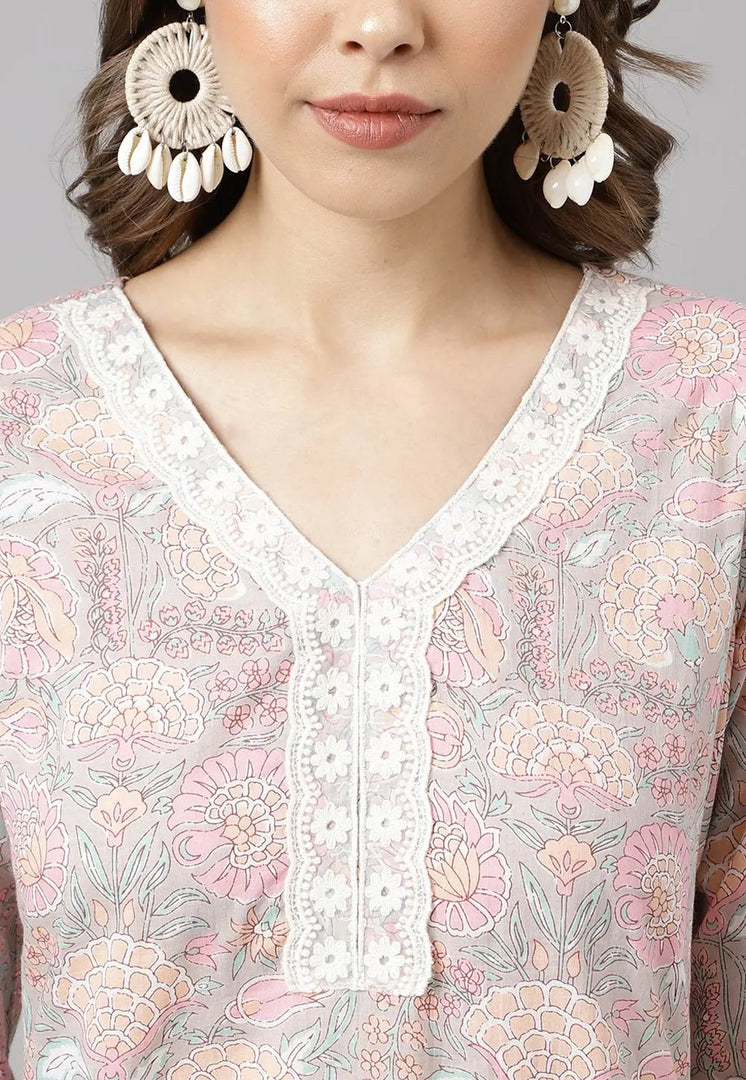 Pink Cotton Kurta Set With Pent