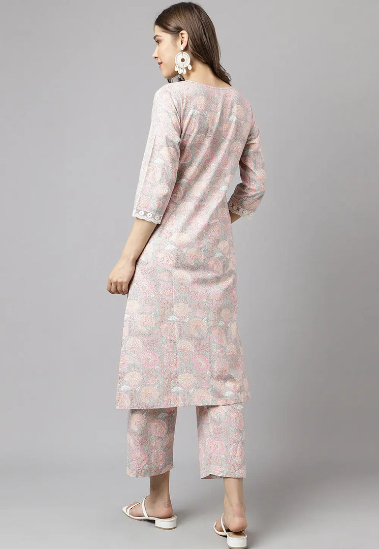 Pink Cotton Kurta Set With Pent