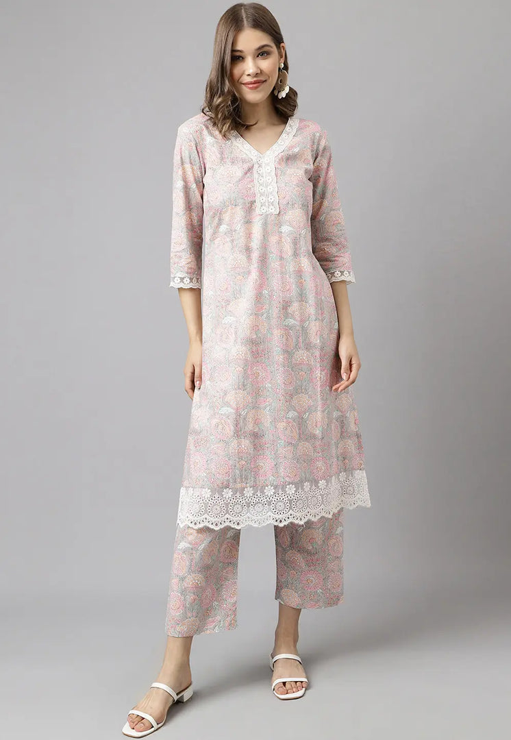 Pink Cotton Kurta Set With Pent