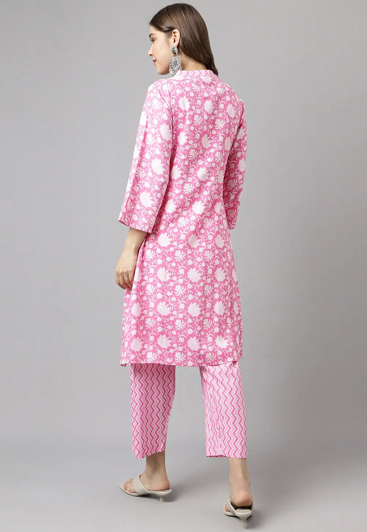 Pink Cotton Kurta Set With Pent