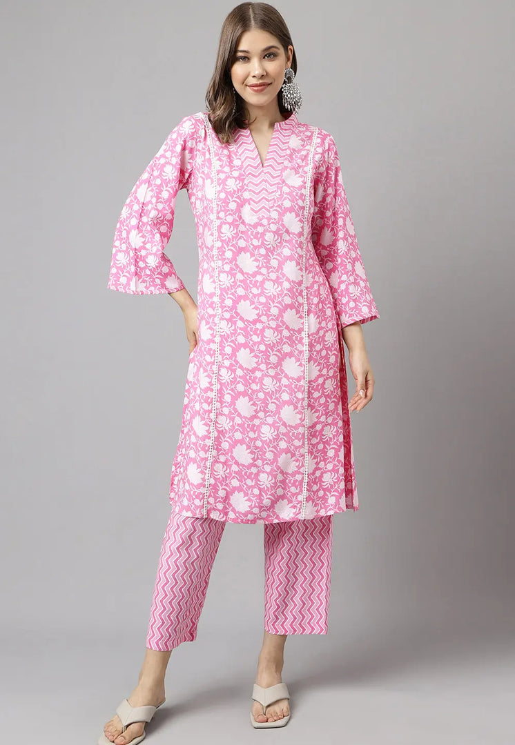 Pink Cotton Kurta Set With Pent