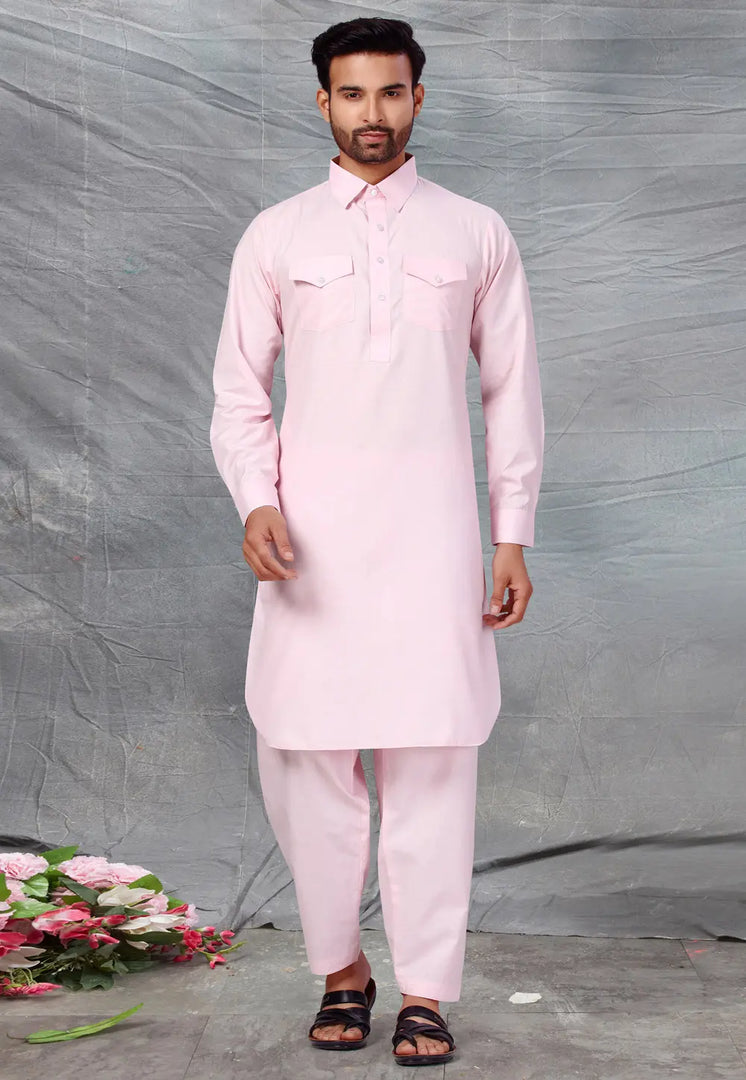 Pink Cotton Pathani Suit