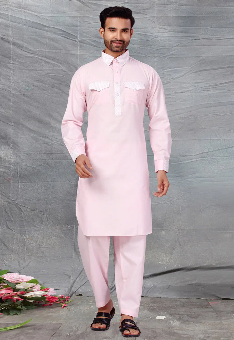 Pink Cotton Pathani Suit