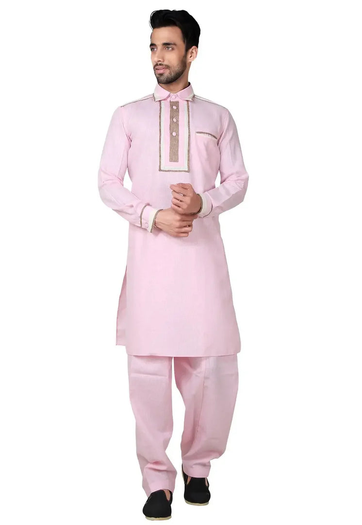 Pink Cotton Pathani Suit