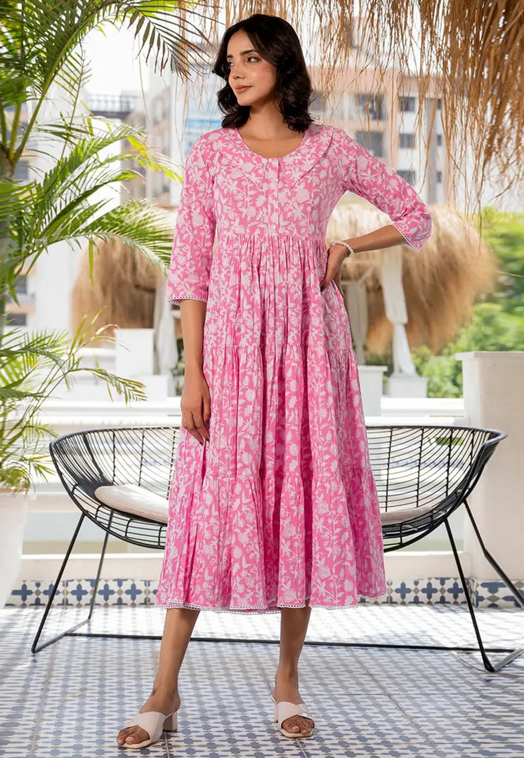 Pink Cotton Printed Gown