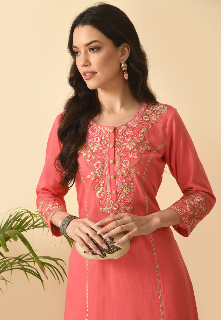 Pink Cotton Rayon Kurta Set With Pent